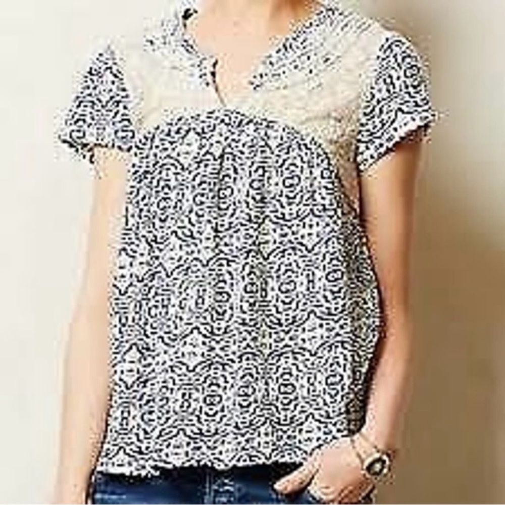 Akemi + Kin By Anthropologie Lace Blue and Cream Top